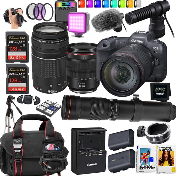 Canon EOS R5 Mirrorless Camera + RF 24-105mm USM + EF 75-300mm III + 420-800mm HD Manual Telephoto Lens + 2X SanDisk 128 GB Extreme Memory Card + More (18pc Bundle) (International Version)