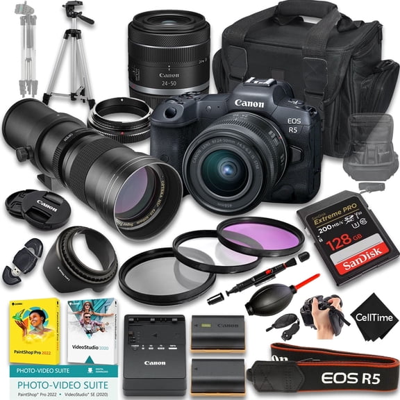 Canon EOS R5 Mirrorless Camera with RF 24-50mm f/4.5-6.3 IS STM And 420-800mm f/8 Manual Super HD Telephoto Lens + 128GB Memory + Extra Battery + More (24pc Bundle) (International Version)