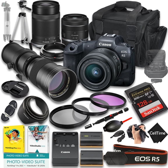Canon EOS R5 Mirrorless Camera with RF 24-50mm f/4.5-6.3 IS STM And 55-210mm f/5-7.1 IS STM & 420-800mm f/8 Lens + 128GB Memory + Extra Battery + More (27pc Bundle) (International Version)