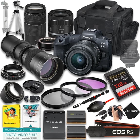 Canon EOS R5 Mirrorless Camera with RF 24-50mm f/4.5-6.3 IS STM And EF 75-300mm f/4-5.6 III & 420-800mm f/8 Lens + 128GB Memory + Extra Battery + More (28pc Bundle) (International Version)
