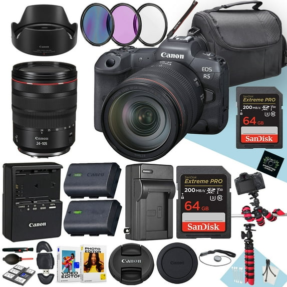 Canon EOS R5 Mirrorless Camera with 24-105mm f/4 L IS USM Lens + 2PC 64GB Memory + Hood + Extra Battery + Filters + More (30pc Bundle) (International Version)