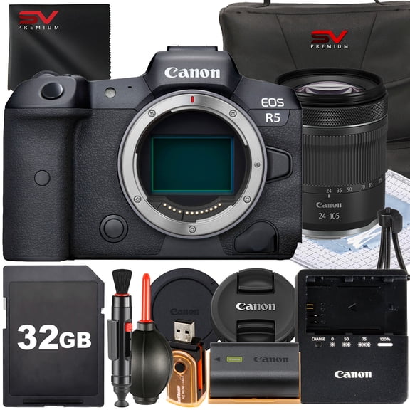 Canon EOS R5 Mirrorless Camera with RF 24-105mm IS STM Lens + 32GB Memory Card + Case + SV Premium Accessory Bundle (International Version)