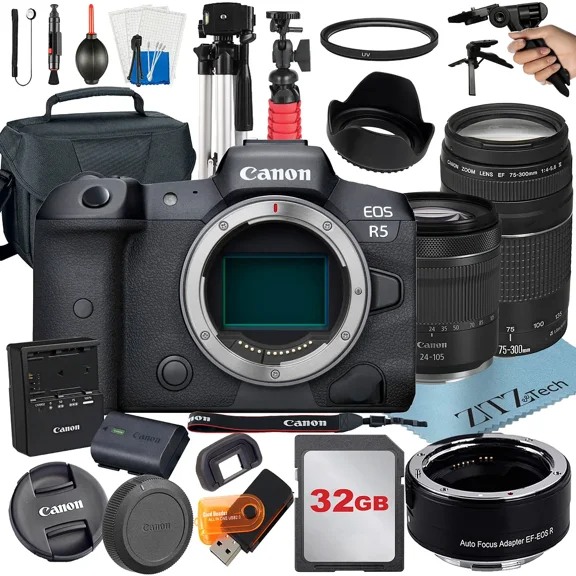Canon EOS R5 Mirrorless Camera with RF 24-105mm STM + 75-300mm Lens + Mount Adapter + 32GB Card + ZeeTech Accessory (International Version)