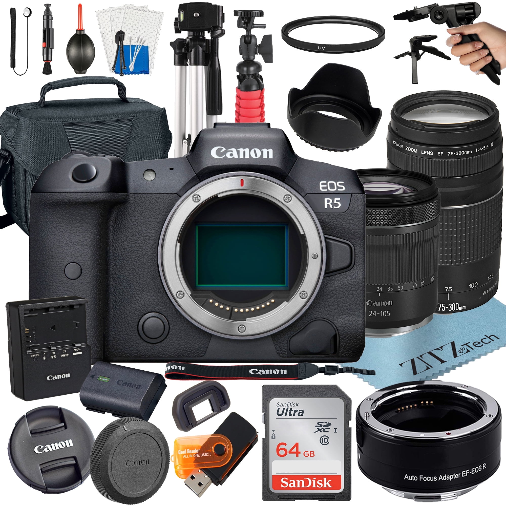 Canon EOS R5 Mirrorless Camera with RF 24-105mm STM + 75-300mm Lens + Mount Adapter + 64GB SanDisk + ZeeTech Accessory