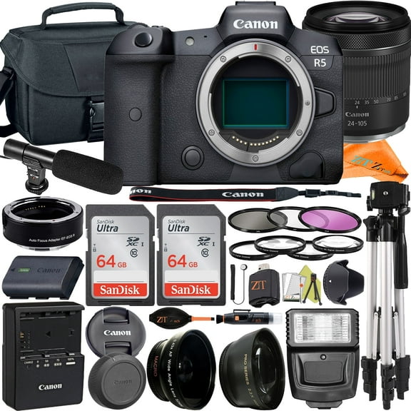 Canon EOS R5 Mirrorless Camera with RF24-105mm Lens + Mount Adapter + 2Pack 64GB Memory Card + Case + ZeeTech Accessory (International Version)