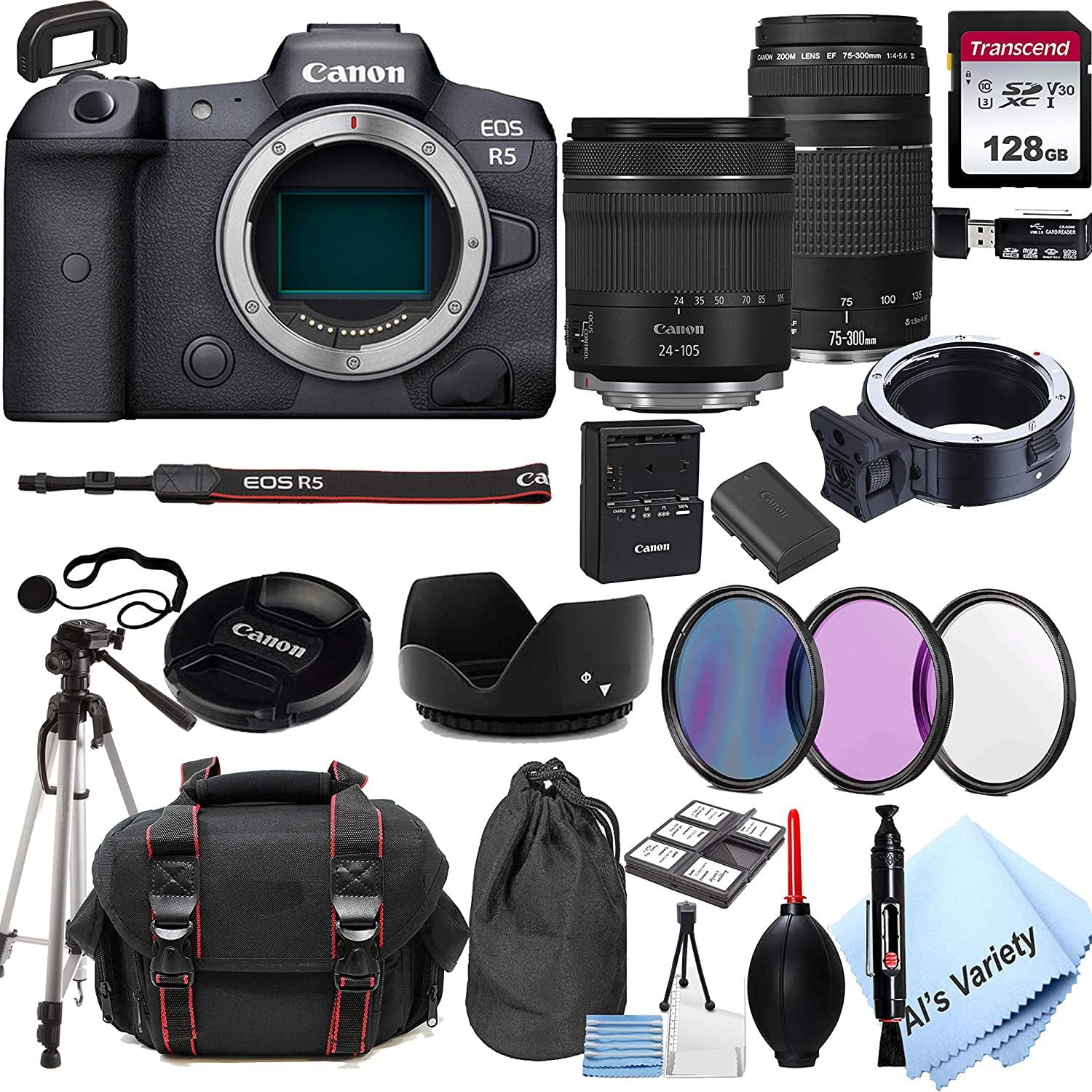 Canon EOS R5 Mirrorless Digital Camera with 24-105mm f/4-7.1 Lens Bundle + 75-300mm F/4-5.6 III Lens + 128GB Memory + Case + Filters + Tripod 26pc Bundle (International Version)