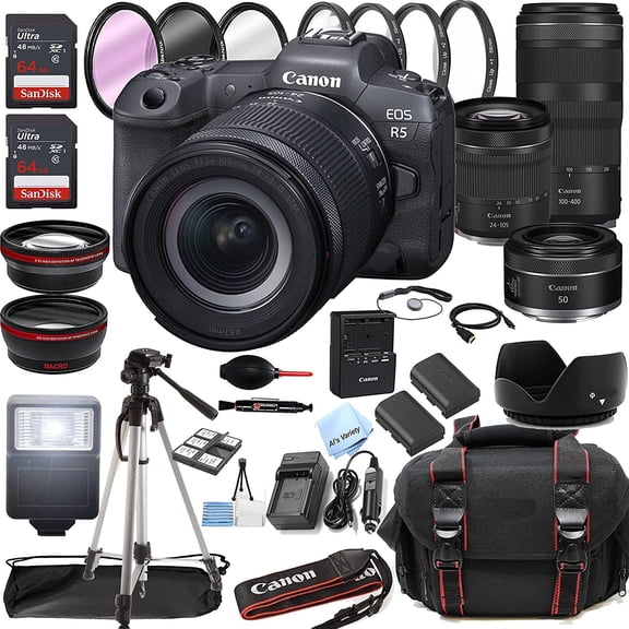 Canon EOS R5 Mirrorless Digital Camera with RF 24-105mm f/4-7.1 STM Lens + RF 100-400mm is USM Lens + RF 50mm f/1.8 STM Lens + 128GB Memory + Case + Tripod + Filters 43pc Bundle
