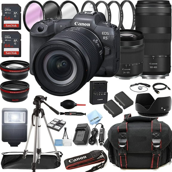 Canon EOS R5 Mirrorless Digital Camera with RF 24-105mm f/4 L is USM Lens + RF 100-400mm is USM Lens + 128GB Memory + Case + Tripod + Filters 41pc Bundle