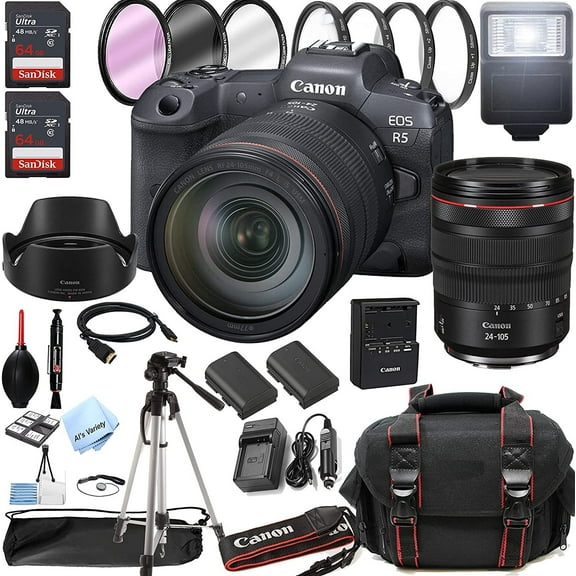 Canon EOS R5 Mirrorless Digital Camera with RF 24-105mm f/4 L is USM Lens + 128GB Memory + Case + Tripod + Filters 36pc Bundle