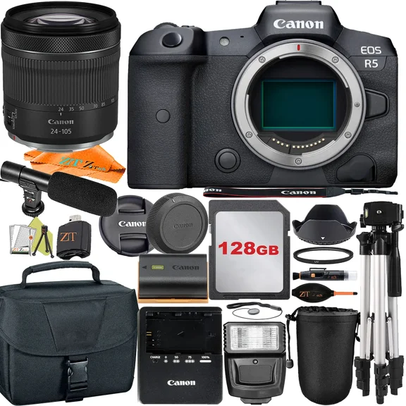 Canon EOS R5 Mirrorless Digital Camera with RF24-105mm Lens + Mount Adapter + 128GB Card + ZeeTech Accessory Bundle (International Version)