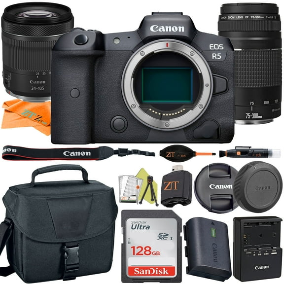 Canon EOS R5 Mirrorless Digital Camera with RF24-105mm STM + 75-300mm Lens + SanDisk 128GB + Case + ZeeTech Accessory (International Version)