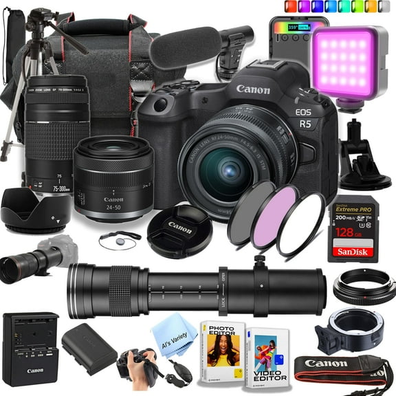 Canon EOS R5 with 24-50mm, 75-300mm, 420-800mm Lens 128GB SD Card and More (Content Creator Bundle) (International Version)
