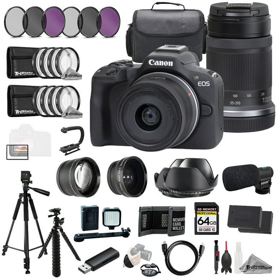 Canon EOS R50 + 18-45mm & 55-210mm Lenses (Black) + Mic +64GB+ 9 PC Filter-MEGA Kit (International Version)