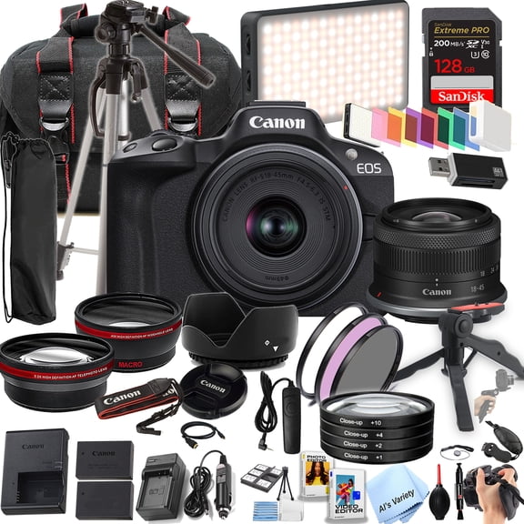 Canon EOS R50 24.2MP APS-C CMOS Sensor Mirrorless Camera with 18-45mm Lens+ 128GB Extreme Memory, LED Video Light, Wide Angle Lens, Telephoto Lens, 3pc Filter Kit- 42pc Pro Bundle