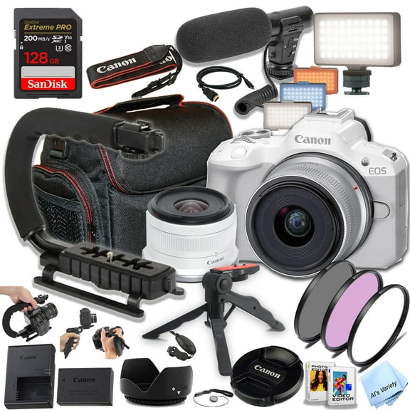 Canon EOS R50 24.2MP APS-C CMOS Sensor Mirrorless Camera with 18-45mm Lens, 128GB Memory, Video Light, Microphone, Filters, U-Grip, Case, Software and More (Vlogger Bundle) (White)