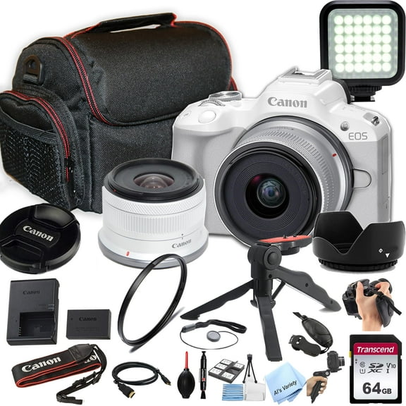 Canon EOS R50 24.2MP APS-C CMOS Sensor Mirrorless Camera with 18-45mm Lens + 64GB Memory, LED Video Light, Case, Gripster Tripod, and More (Essential Bundle) (White)