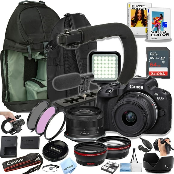 Canon EOS R50 24.2MP Mirrorless Camera with 18-45mm Lens, 64GB Ultra Memory Card, And More! (Content Creator Kit) (International Version)