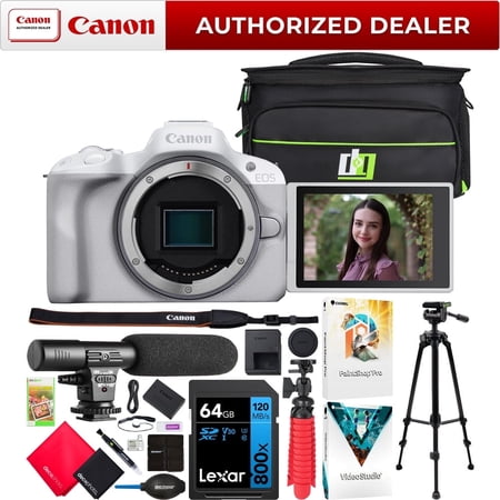 Canon EOS R50 Mirrorless APS-C Interchangeable Lens Camera Body White 5812C002 Bundle with Deco Gear Photography Bag + Microphone + Monopod + Software & Accessories Kit| Official Canon USA Dealer