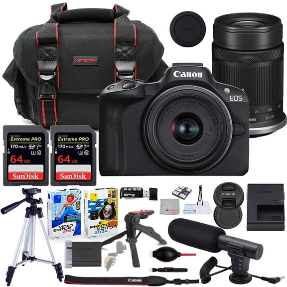 Canon EOS R50 Mirrorless Camera with 18-45mm & 55-210mm Lens Bundle with Commander Gear Bag + Microphone + 2X 64GB Extreme Memory Cards + Accessory Kit