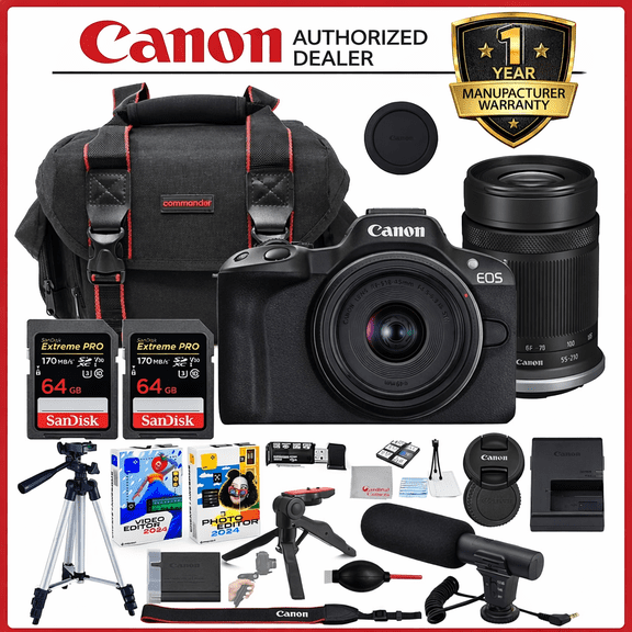 Canon EOS R50 Mirrorless Camera with 18-45mm & 55-210mm Lens Bundle with Commander Gear Bag + Microphone + 2X 64GB Extreme Memory Cards + Accessory Kit