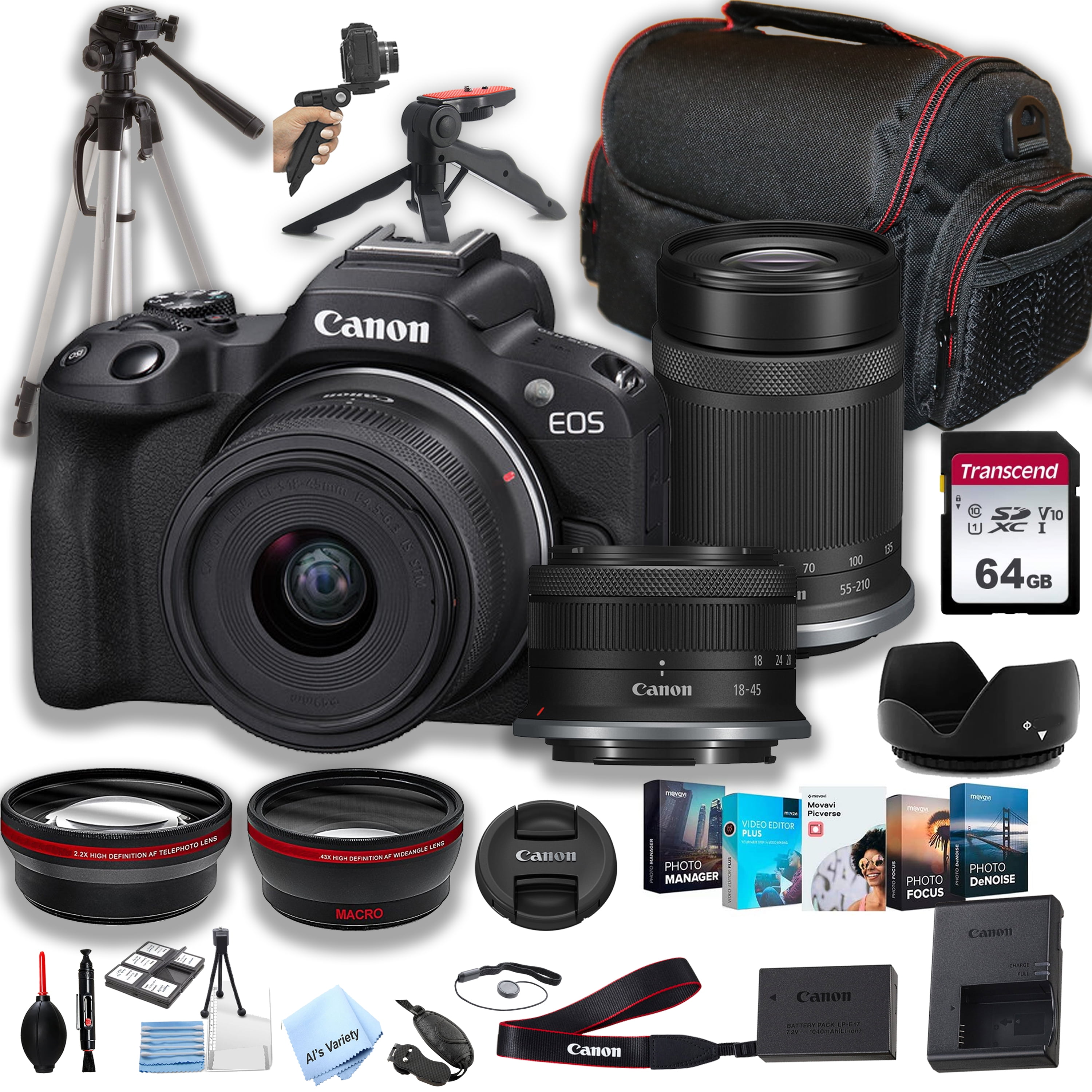Canon EOS R50 Mirrorless Camera with 18-45mm and 55-210mm Lenses + 64GB  Memory + Case+ Steady Grip Pod + Tripod+ Software Pack + More (30pc Bundle)  