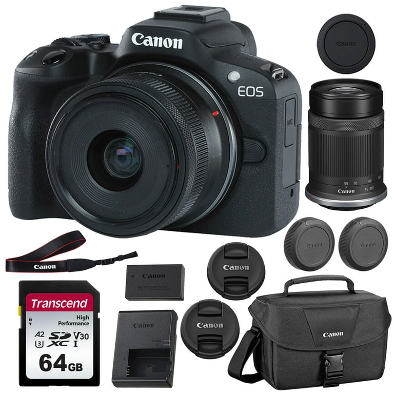 Canon EOS R50 Mirrorless Camera with 18-45mm and 55-210mm Lenses  Black  Bundle with Canon 200ES EOS Shoulder Bag + Transcend 64GB 330S UHS-I SDXC  Memory Card (3 Items) 
