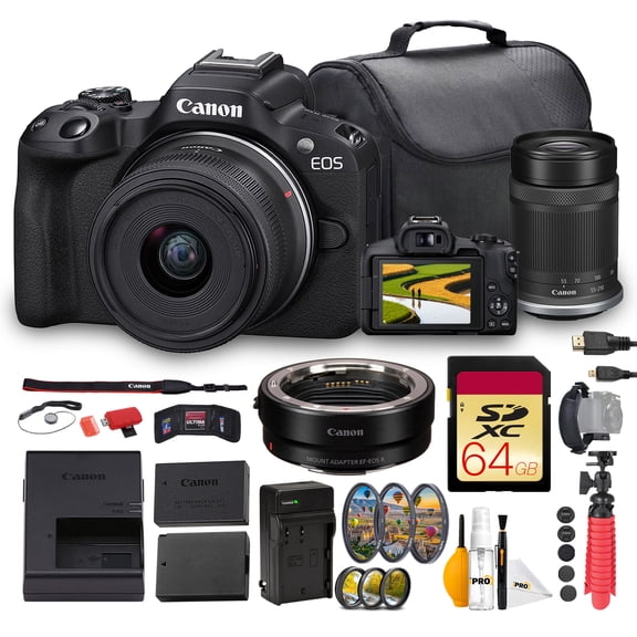Canon EOS R50 Mirrorless Camera with 18-45mm & 55-210mm Lenses Bundle | 24.2MP APS-C Sensor, Dual Pixel CMOS AF II & 4K Video | For Beginners & Travel + Adapter EF-EOS R + 64GB Card + Battery + More