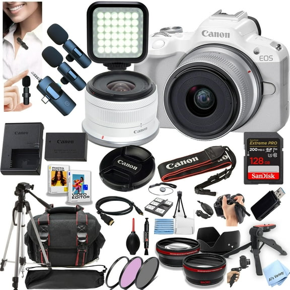 Canon EOS R50 Mirrorless Camera with 18-45mm Lens + 128GB Memory, Wireless Lavalier Microphones, Lenses, Filters, Case, Tripod, Flash, Software, and More (Content Creator Bundle) (White)