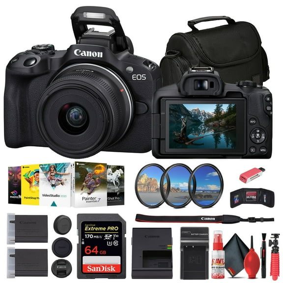 Canon EOS R50 Mirrorless Camera with 18-45mm Lens Black 5811C012 64GB Memory Card Filter Kit Corel Photo Software Bag Charger LPE17 Battery Card Reader Flex Tripod International Model