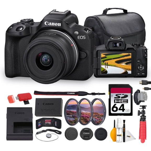 Canon EOS R50 Mirrorless Camera with 18-45mm Lens Bundle | 24.2MP APS-C Sensor, Dual Pixel CMOS AF II & 4K Video | Great for Beginners & Everyday Photography (5811C012) + 64GB Card + Bag + More