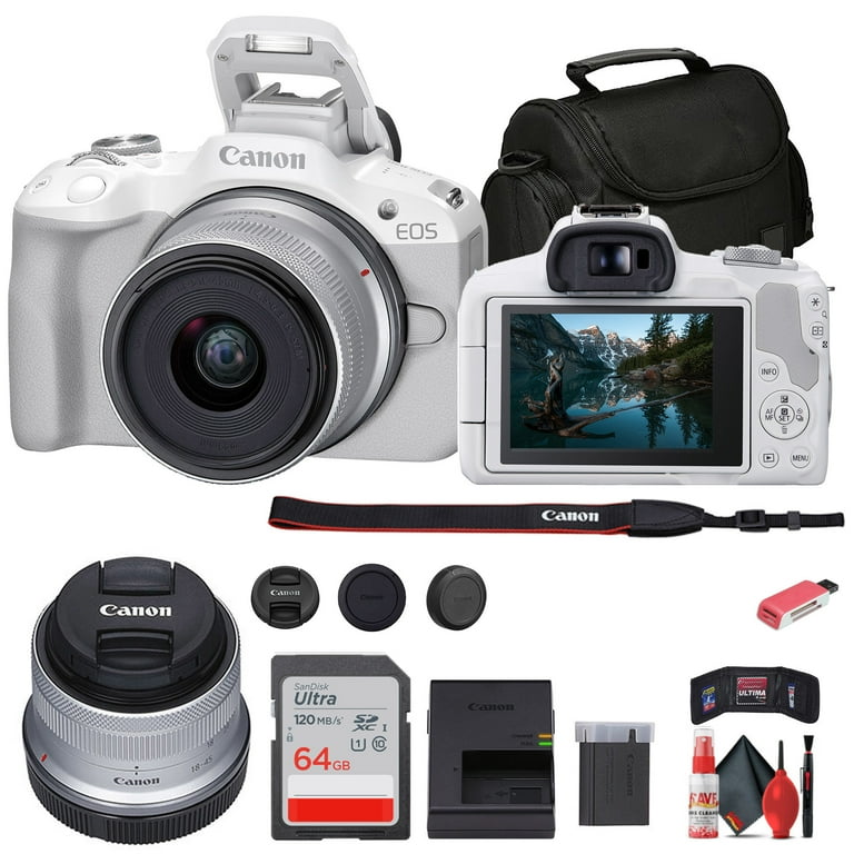 Canon EOS R50 Mirrorless Camera with 18-45mm Lens Bundle, White +