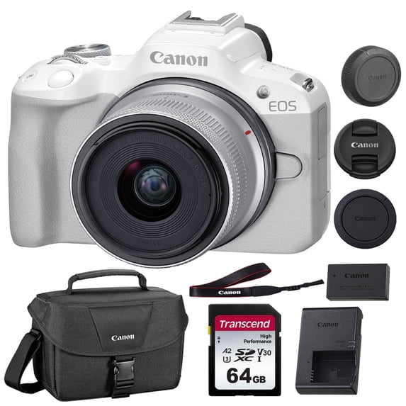 Canon EOS R50 Mirrorless Camera with 18-45mm Lens | White Bundle with Canon 200ES EOS Shoulder Bag + Transcend 64GB 330S UHS-I SDXC Memory Card (3 Items)