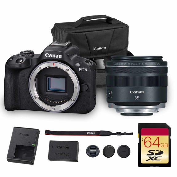 Canon EOS R50 Mirrorless Camera | 24.2MP APS-C, 4K 30p Video, Dual Pixel AF II, 15fps Burst, Vari-Angle Screen, Compact Beginner Vlogging Camera (5811C002) + Canon RF 35mm Lens + Bag + 64GB Card