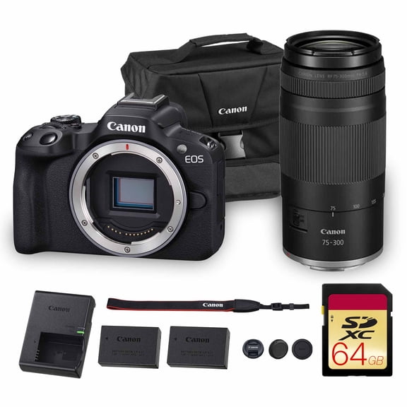 Canon EOS R50 Mirrorless Camera | 24.2MP APS-C, 4K 30p Video, Dual Pixel AF II, 15fps Burst, Vari-Angle Screen, Compact Beginner Vlogging Camera (5811C002) + Canon RF 75-300mm Lens + 64GB Card + More