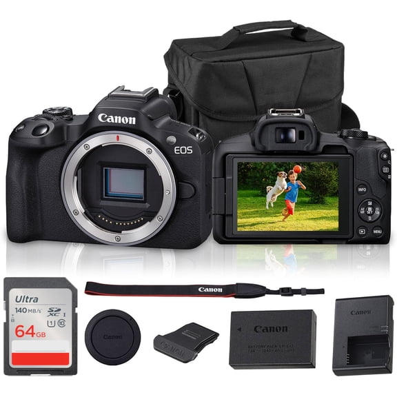 Canon EOS R50 Mirrorless Camera | 24.2MP APS-C, 4K 30p Video, Dual Pixel AF II, 15fps Burst, Vari-Angle Screen, Compact Beginner Vlogging Camera (5811C002) + Shoulder Bag + 64GB Memory Card