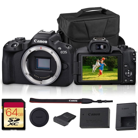 Canon EOS R50 Mirrorless Camera | 24.2MP APS-C, 4K 30p Video, Dual Pixel AF II, 15fps Burst, Vari-Angle Screen, Compact Beginner Vlogging Camera (5811C002) + Shoulder Bag + 64GB Memory Card