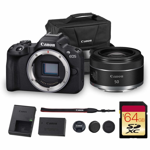 Canon EOS R50 Mirrorless Camera | 24.2MP APS-C, 4K 30p Video, Dual Pixel AF II, 15fps Burst, Vari-Angle Screen, Compact Beginner Vlogging Camera + Canon RF 50mm f/1.8 STM Lens + 64GB Card + More