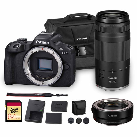Canon EOS R50 Mirrorless Camera | 24.2MP APS-C, 4K 30p Video, Dual Pixel AF II, 15fps Burst, Vari-Angle Screen, Compact Beginner Vlogging Camera + Canon RF 75-300mm Lens + Adapter EF-EOS R + More