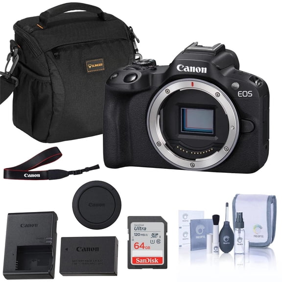 Canon EOS R50 Mirrorless Camera | 24.2MP APS-C, 4K 30p Video, Dual Pixel AF II, 15fps Burst, Vari-Angle Screen, Compact Vlogging Camera (5811C002) + Shoulder Bag + 64GB Memory Card + Cleaning Kit