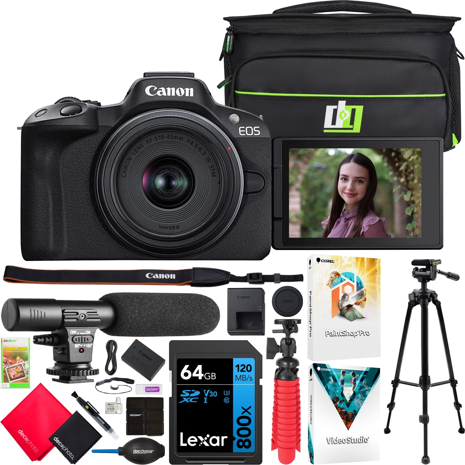 Canon EOS R50 Mirrorless Camera (Black) with RF-S 18-45mm F4.5-6.3 IS STM  Lens 5811C012 Bundle with Deco Gear Photography Bag + Microphone + Tripod +  Software u0026 Accessories Kit - Walmart.com