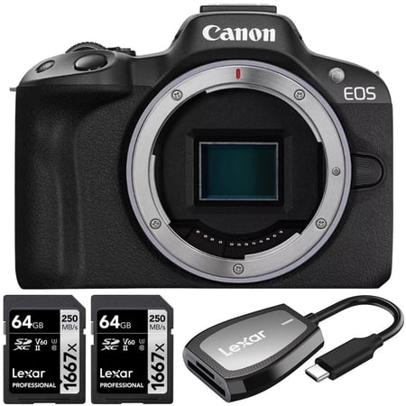 Canon EOS R50 Mirrorless Camera Body Only (Black) + 2x 64GB Card + Card Reader