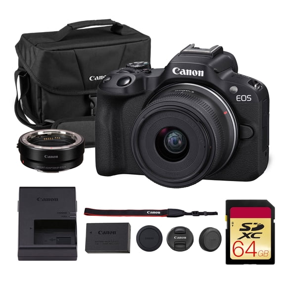 Canon EOS R50 Mirrorless Camera Kit – APS-C RF Camera with 18-45mm Lens, 4K Video, Dual Pixel AF II & Vari-Angle Touchscreen (5811C012) + Canon Adapter EF-EOS R + Shoulder Bag + More