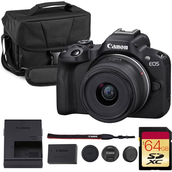 Canon EOS R50 Mirrorless Camera Kit – APS-C RF Camera with 18-45mm Lens, 4K Video, Dual Pixel AF II & Vari-Angle Touchscreen (5811C012) + Shoulder Bag + 64GB Memory Card
