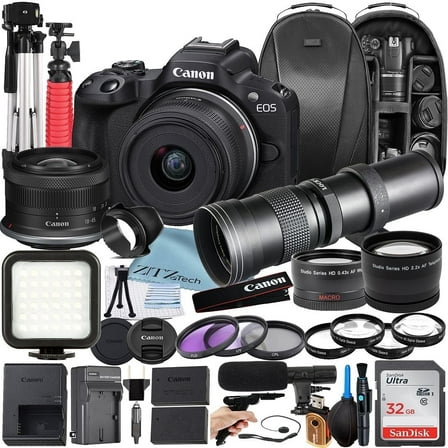 Canon EOS R50 Mirrorless Camera with RF-S 18-45mm + 420-800mm Super Telephoto Zoom Lens + 32GB Memory Card + Backpack + Tripod + ZeeTech Accessory Bundle (International Version)