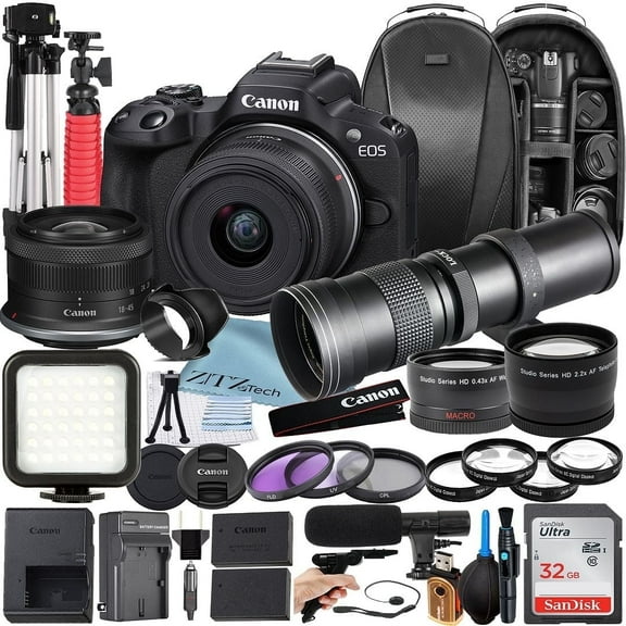 Canon EOS R50 Mirrorless Camera with RF-S 18-45mm + 420-800mm Super Telephoto Zoom Lens + 32GB SanDisk Memory Card + Backpack + Tripod + ZeeTech Accessory Bundle (International Version)