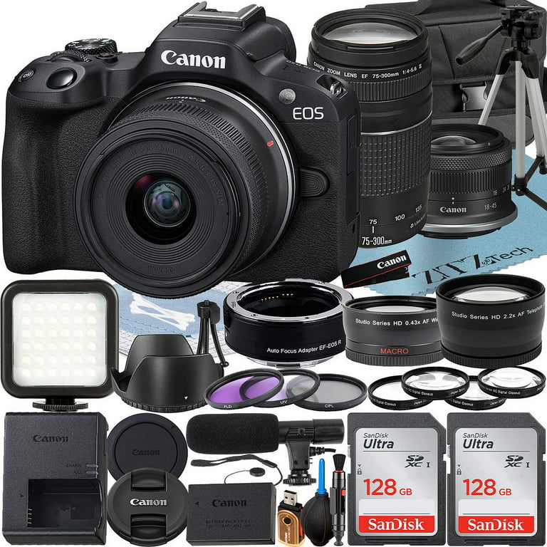 Canon EOS R50 Mirrorless Camera with RF-S 18-45mm + EF 75-300mm Lens +  Mount Adapter + 2 Pack SanDisk 128GB Memory Card + Case + LED Flash +  ZeeTech
