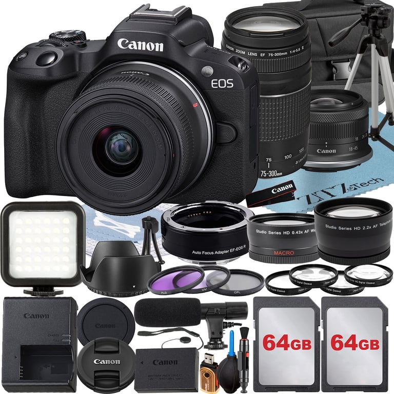 Canon EOS R50 Camera Bundle: RF-S 18-45mm, EF 75-300mm Lens