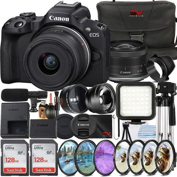 Canon EOS R50 Mirrorless Camera with RF-S 18-45mm Lens + 2 Pack SanDisk 128GB Memory Card + Case + Wide Angle + LED Flash + SV Premium Accessory Bundle