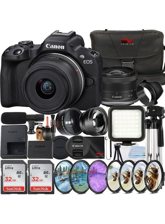 Canon EOS R50 Mirrorless Camera with RF-S 18-45mm Lens + 2 Pack SanDisk 32GB Memory Card + Case + Wide Angle + LED Flash + SV Premium Accessory Bundle