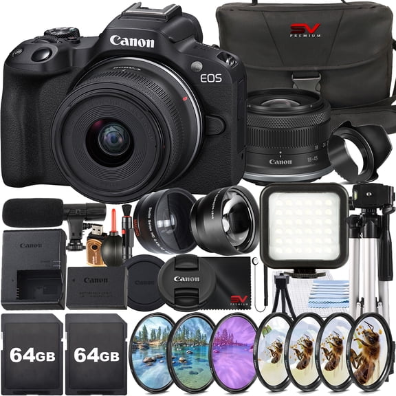 Canon EOS R50 Mirrorless Camera with RF-S 18-45mm Lens + 2 Pack SanDisk 64GB Memory Card + Case + Wide Angle + LED Flash + SV Premium Accessory Bundle